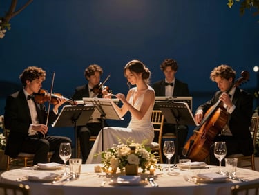 An elegant wedding reception, a live musical ensemble performing with warm golden stage illumination