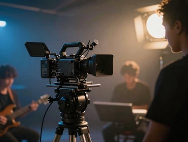 Professional videographer filming a musical artist in a studio setting, dramatic backlighting, cinematic atmosphere