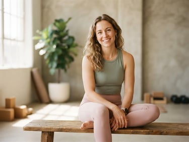 Warm editorial portrait of Amy, a supportive fitness coach, sitting on a wooden bench in a sunlit minimalist studio, soft natural window light, muted blush and sage tones, shallow depth of field, 35mm
