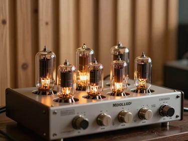 Warm amber glow of vacuum tubes inside a vintage audio amplifier, soft focus on wooden studio paneling in the background, intimate editorial framing.