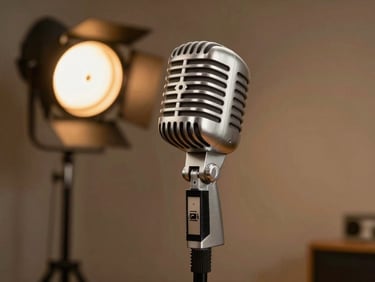 A classic vintage microphone standing in Room 225, warm amber studio lamp illumination, soft shadow details.