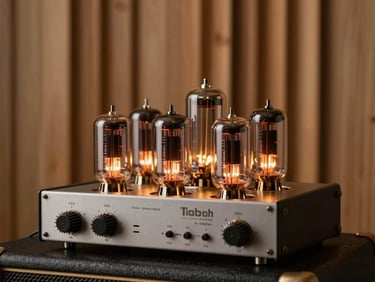 Warm glow of vacuum tubes inside an analog amplifier, soft amber lighting, cozy wooden studio wall in the background.