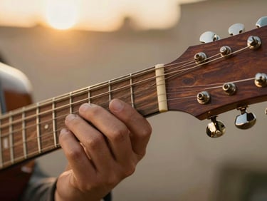 Fingers adjusting a guitar fret on a warm mahogany neck, soft golden hour glow, shallow depth of field.