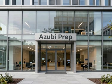 Architectural wide-angle shot of the modern Azubi Prep office entrance in Cologne, clean glass facade, neutral daylight, professional German corporate environment.