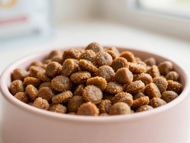 Close-up of premium dry pet food in a pastel-colored bowl, bright natural daylight, clean aesthetic, shallow depth of field