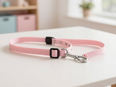Stylish pet collar and leash set on a pastel background, bright natural daylight, clean aesthetic, shallow depth of field