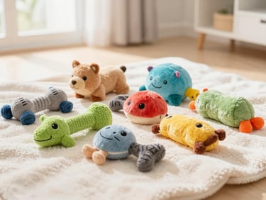 Assortment of colorful, eco-friendly pet toys on a soft pastel blanket, bright natural daylight, clean aesthetic, shallow depth of field