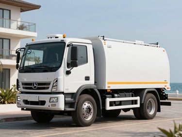 A clean, modern vacuum truck parked outside a coastal condominium, bright daylight, professional service.