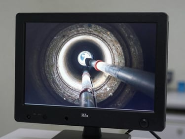 A clean digital diagnostic screen showing video inspection of an underground pipe, crisp utility lighting.
