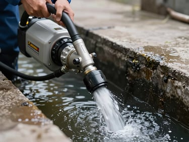 High-pressure hydro-jetting equipment flushing clean water through a main sewer line, professional setup.