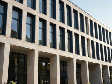 Modern university exterior in London, clean architectural shot, bright natural daylight, cool tones, 35mm.