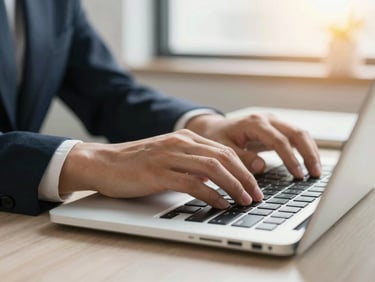 Close-up of hands typing on a laptop in a bright, modern workspace, soft golden-hour accents, shallow depth of field, 35mm.