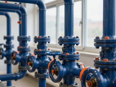 Close-up of complex pipework and valves in a plant room, focus on L8 compliance checks, natural light, crisp details, deep blue and high-visibility orange accents.