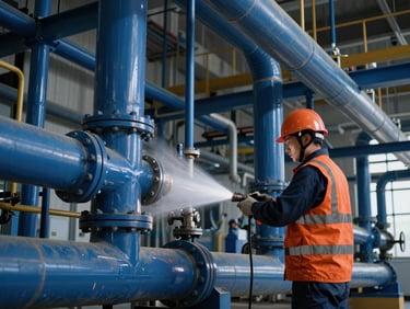 Technician performing industrial gas purging on large pipework in a commercial plant room, sharp industrial light, high contrast, deep blue and high-visibility orange accents.