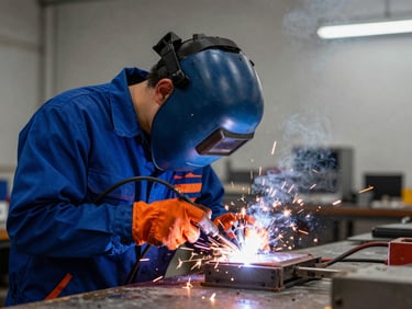 Technician performing off-site welding with visible sparks in a workshop, focus on precision and safety, sharp directional lighting, deep blue and high-visibility orange accents.