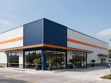 Wide environmental shot of a modern retail park exterior with clean architectural lines, sharp details, bright daylight.