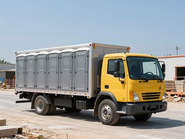 Crisp medium shot of a clean Leo Portable Toilets delivery truck active on an organized construction site, bright midday sun casting sharp shadows.