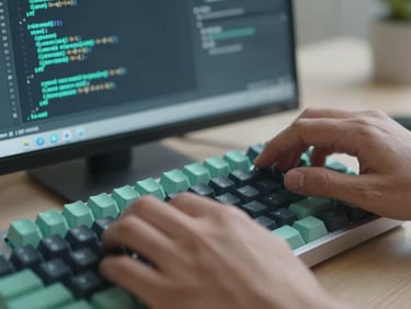 Macro shot of a developer's hands on a mechanical keyboard, code editor visible in the background with syntax highlighting in mint-teal, cool natural daylight, modern editorial tech style.
