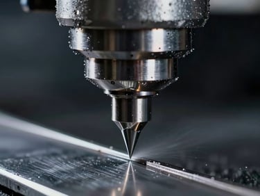Extreme close-up of a CNC milling head cutting tool steel with coolant spray, sharp highlights reflecting off metallic edges, 35mm
