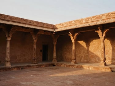 A rustic Indian courtyard with hand-carved wooden pillars, warm earthen textures, soft golden twilight spilling over the floor.