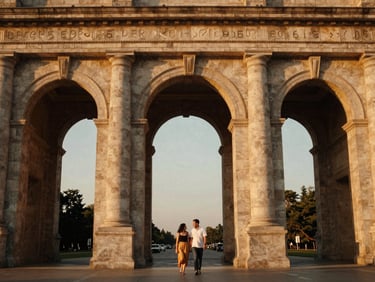 Wide-angle editorial shot of a couple walking through a towering grand stone archway, warm twilight glow, rich saturated tones, 35mm film look