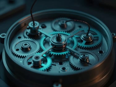 Macro close-up of a retro-futuristic atomic clock's internal mechanisms, glowing with cold cyan light, sharp focus, deep shadows, intricate gears and wires.