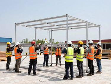 Organized crew setting up heavy structural staging outdoors, safety gear, high-contrast daylight