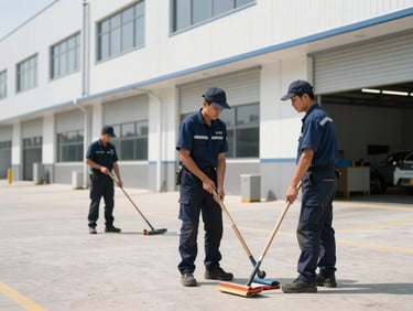 Professional crew maintaining a modern commercial facility exterior, clean tools, bright natural daylight, crisp focus