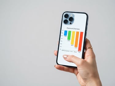 Uma mão segurando um smartphone com um gráfico de barras de desconto na tela, com foco nítido, iluminação de estúdio brilhante, fundo cinza claro neutro. Composição assimétrica.