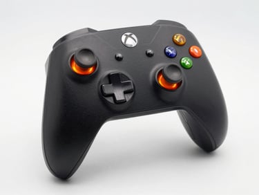 3D printed controller stand holding an Xbox controller, vibrant orange lighting accents, sharp details on the print texture.
