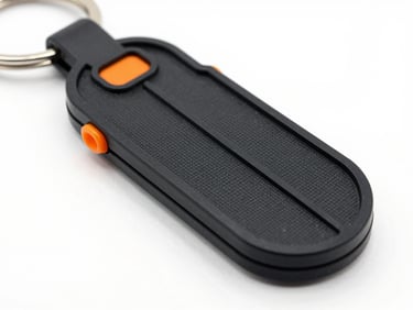 Close-up studio shot of a sleek, custom 3D printed keychain with subtle orange accents, resting on a clean surface, sharp details on 3D printed textures.