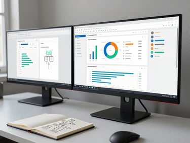 Multi-monitor developer workstation showing a React dashboard with data charts, cool diffused daylight from the left, no people, clean desk surface with a notebook showing hand-drawn component tree