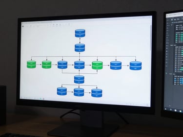 Wide overhead view of a large monitor displaying a system architecture topology diagram with labeled microservice nodes and database connections, cool studio light, secondary terminal window visible at the right edge, precise technical clarity