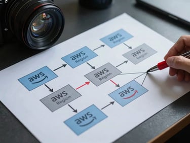 Infrastructure topology diagram printed on paper, annotated with a red pen, laying on a desk under cool daylight, AWS region boxes visible, arrow lines between services