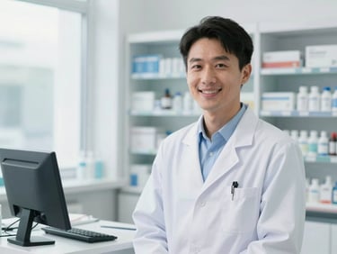 A male pharmacist in a clean, modern pharmacy setting, smiling professionally, soft natural daylight, 35mm