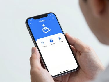 Close-up of an accessibility dashboard on a modern smartphone held by a male clinician, clean clinical background, high contrast UI, 35mm