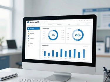 A clean, modern dashboard showing healthcare analytics and compliance metrics on a desktop screen, clinical office background