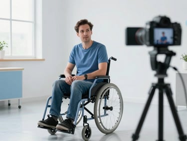 An adult male disability advocate in a wheelchair recording an educational video in a bright, modern studio, soft daylight, professional editorial framing, 35mm