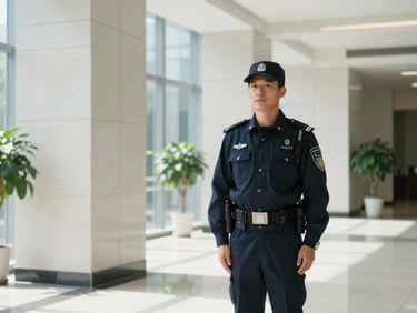 Crisp corporate photography of a professional security officer in a clean, modern high-rise lobby, bright natural daylight, 35mm