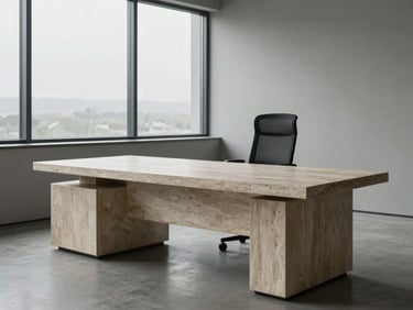 A quiet, minimalist executive workspace with a stone desk, overcast light through a large window, no clutter
