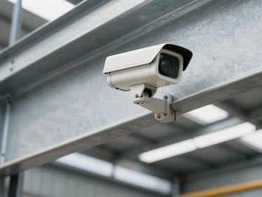 An industrial security camera installed cleanly on a steel beam inside a modern Vietnamese warehouse, bright natural daylight.