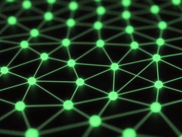 Abstract 3D network graph visualization on a dark screen, glowing neon green nodes, high contrast, shallow depth of field, 35mm.