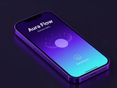 Sleek 3D digital render of the Aura Flow app showing a meditative breathing UI, dark smartphone mockup with dramatic violet rim lighting, close-up angled shot