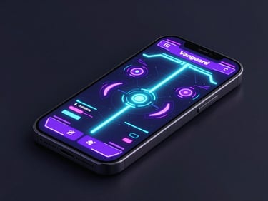 Sleek 3D digital render of Neon Vanguard game interface, dark smartphone mockup with glowing cyan neon laser effects, dynamic over-the-shoulder perspective