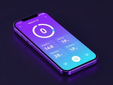 Sleek 3D digital render of an Android device mockup showing a vibrant purple and cyan fitness dashboard, dark ambient background, dramatic neon rim lighting, octane render.