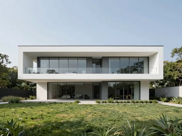 Minimalist modern villa architecture integrated with lush green landscape, clean lines, bright natural daylight, cool tones