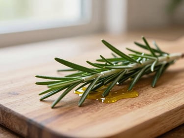 Macro shot of fresh rosemary being chopped on a wooden board, olive oil drizzled nearby, soft window light, warm tones.