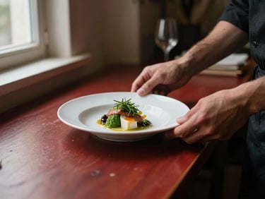 Hands of a chef plating a dish in a cozy Scandinavian-style restaurant kitchen, moody shadows, warm overcast daylight, warm editorial photography, 35mm