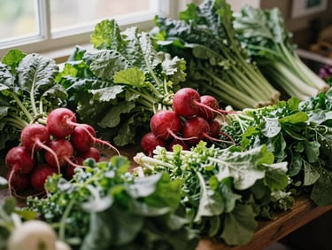 Overhead table spread of a local farm market stall with fresh greens and radishes, soft natural light, rich forest green tones, warm editorial photography, 35mm