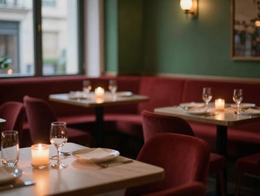 A cozy, dimly lit Scandinavian-style restaurant dining room at dusk, warm candle glow on tables, soft focus, inviting atmosphere.